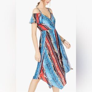 INC Snake Chain Belt Print Off Shoulder Midi Dress Fairy Hem Flounce Trim 2